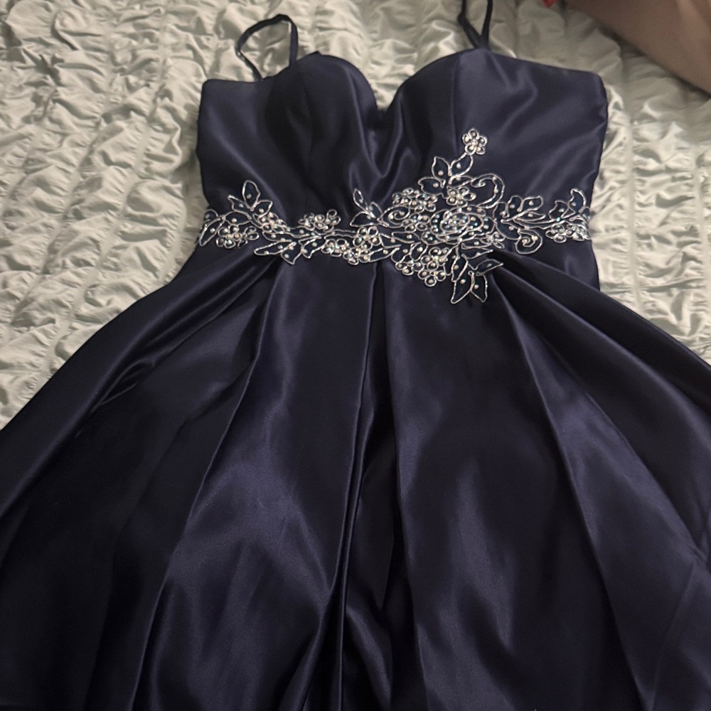 Blondie Nites Navy Dress with Silver Floral Detail
